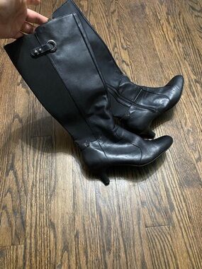 Anne Klein Black Leather Knee-High Heeled Boots
